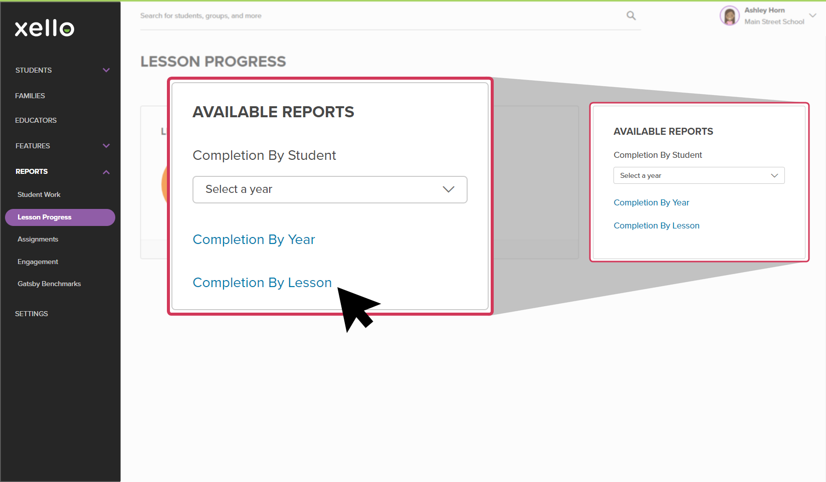 Lesson Progress page open in Xello. Cursor is hovering over Completion by Lesson link